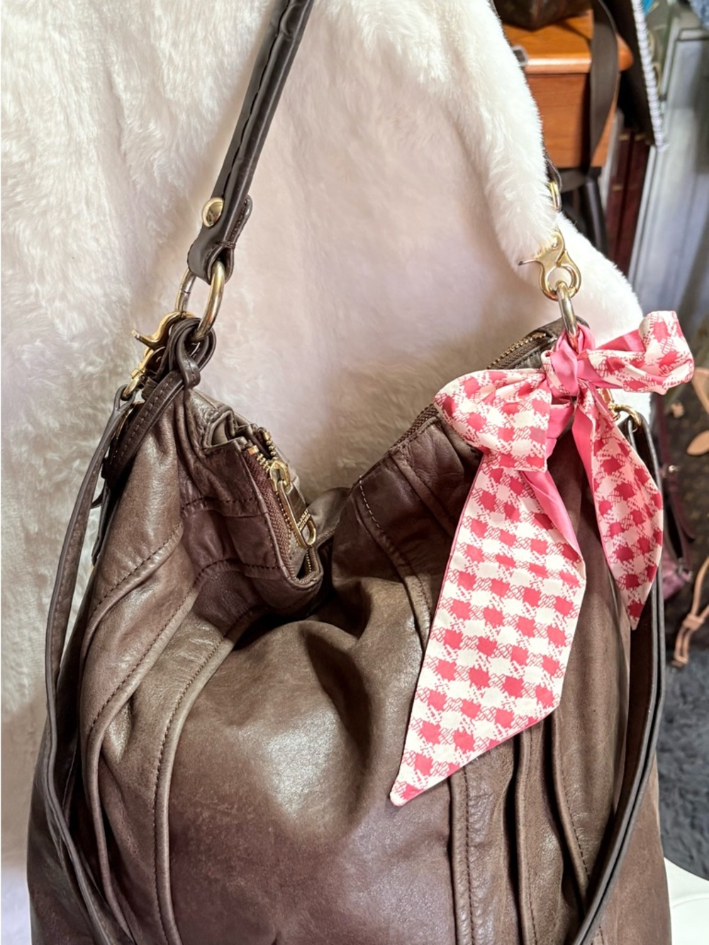 Badgley Mischka Brown Hobo Shoulder Bag with Pink Scarf Accent